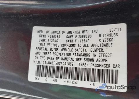 2012 Acura Tl 3.5 из США, поврежденный, VIN 19UUA8F50CA001892